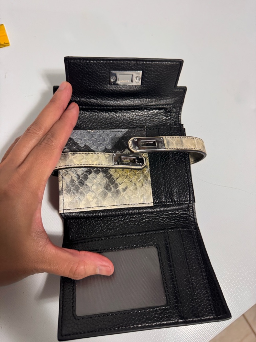 Neutral Python-Print Leather Wallet with Turn-Lock Strap - Picture 3 of 7